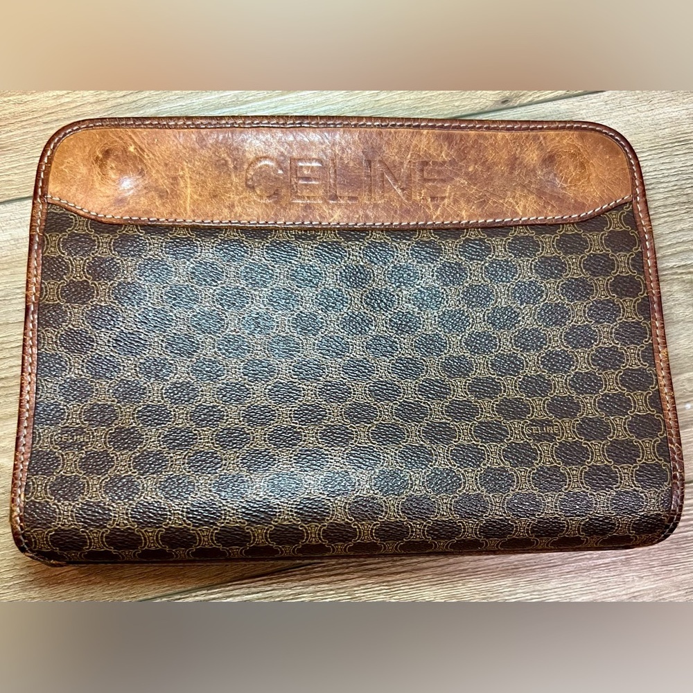 Celine Brown and Tan Clutch Bag with Vintage Leather